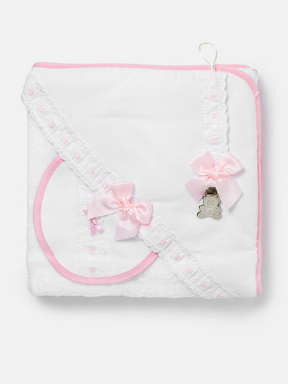 Baby 3-piece Bath Set - Hooded Towel, Bib & Dummy Clip - Baby Pink
