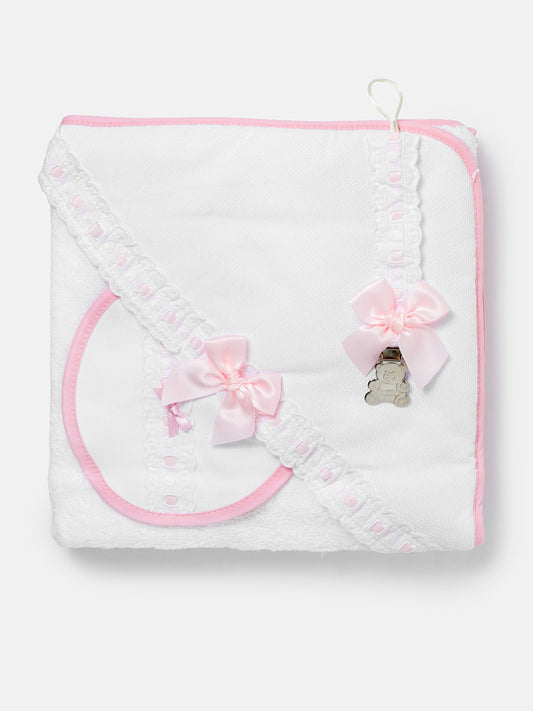 Baby 3-piece Bath Set - Hooded Towel, Bib & Dummy Clip - Baby Pink