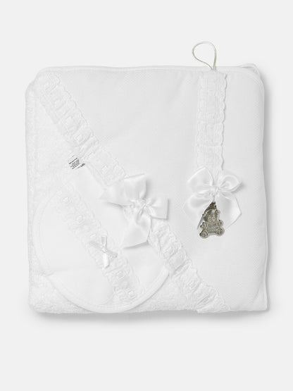 Baby 3-piece Bath Set - Hooded Towel, Bib & Dummy Clip - White