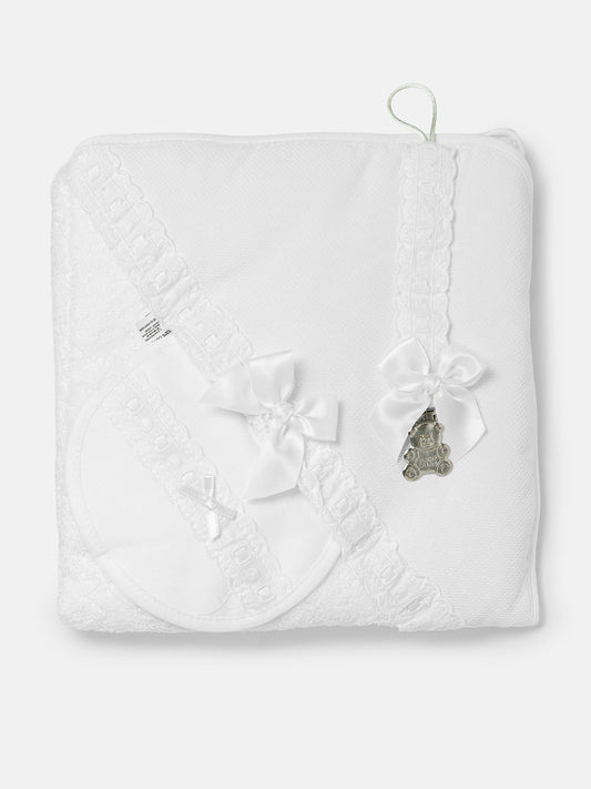 Baby 3-piece Bath Set - Hooded Towel, Bib & Dummy Clip - White