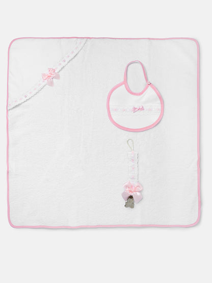 Baby 3-piece Bath Set - Hooded Towel, Bib & Dummy Clip - Baby Pink