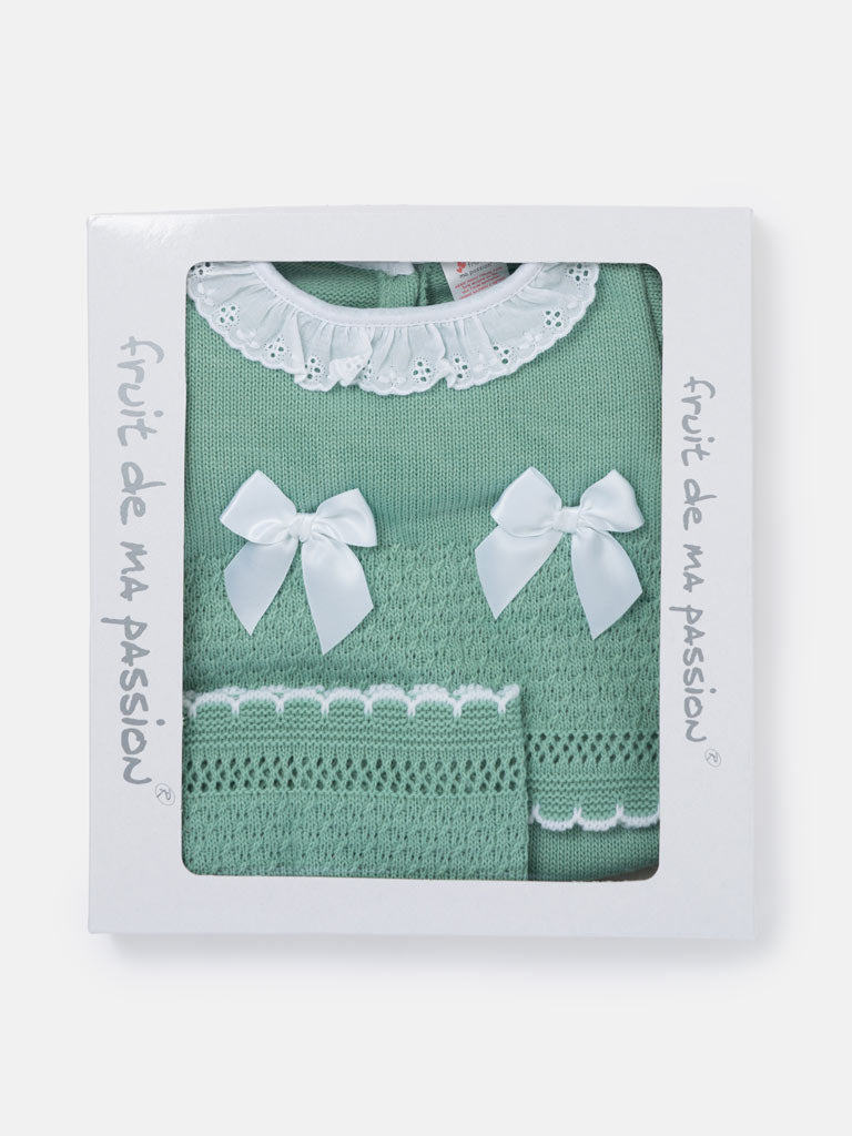 Baby Girl Satin Bows & Scalloped Trim 3-Piece Knitted Gift Box Set - Mint Green