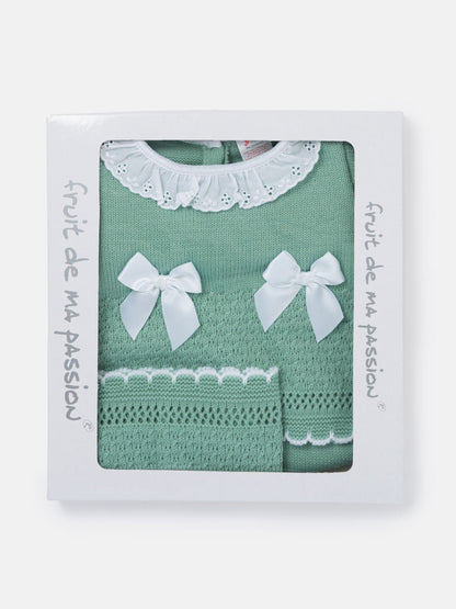 Baby Girl Satin Bows & Scalloped Trim 3-Piece Knitted Gift Box Set - Mint Green