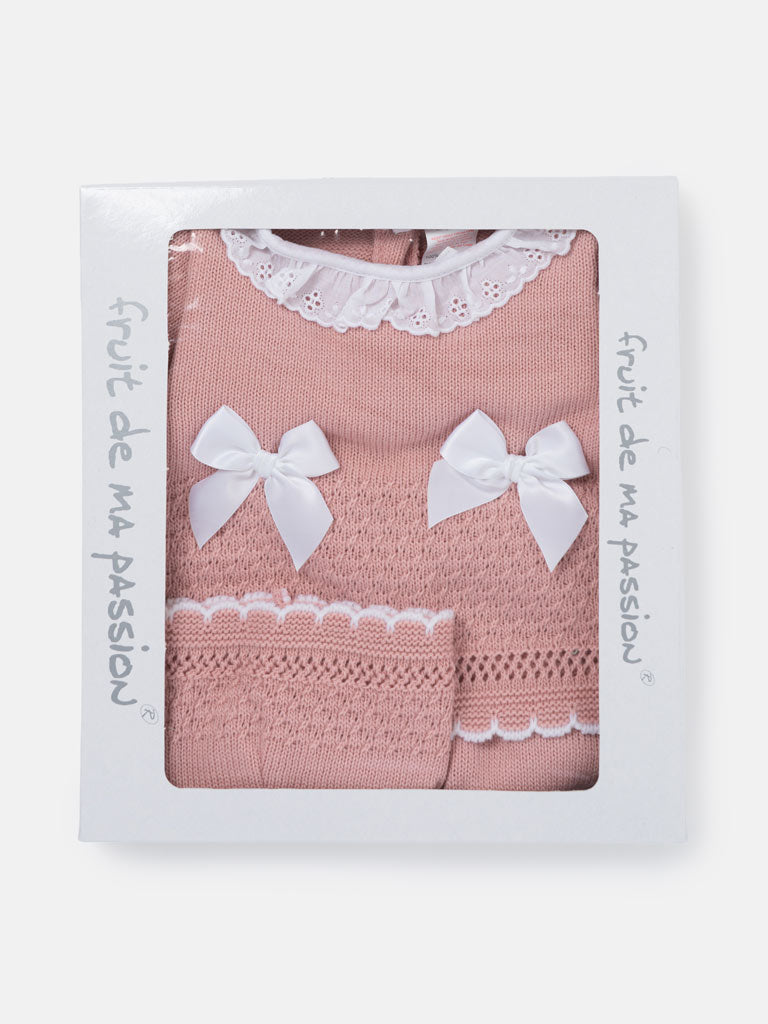 Baby Girl Satin Bows & Scalloped Trim 3-Piece Knitted Gift Box Set - Dusty Pink