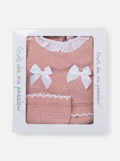 Baby Girl Satin Bows & Scalloped Trim 3-Piece Knitted Gift Box Set - Dusty Pink