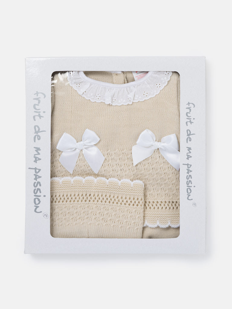 Baby Girl Satin Bows & Scalloped Trim 3-Piece Knitted Gift Box Set - Beige