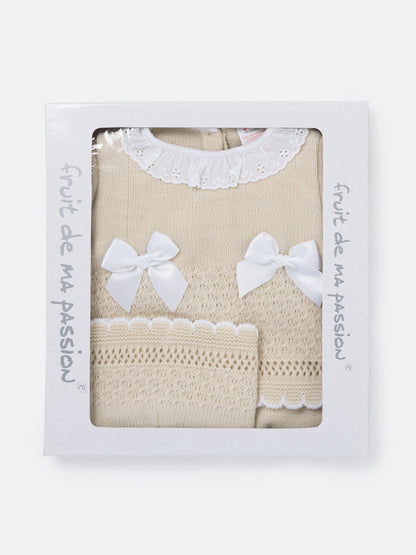 Baby Girl Satin Bows & Scalloped Trim 3-Piece Knitted Gift Box Set - Beige