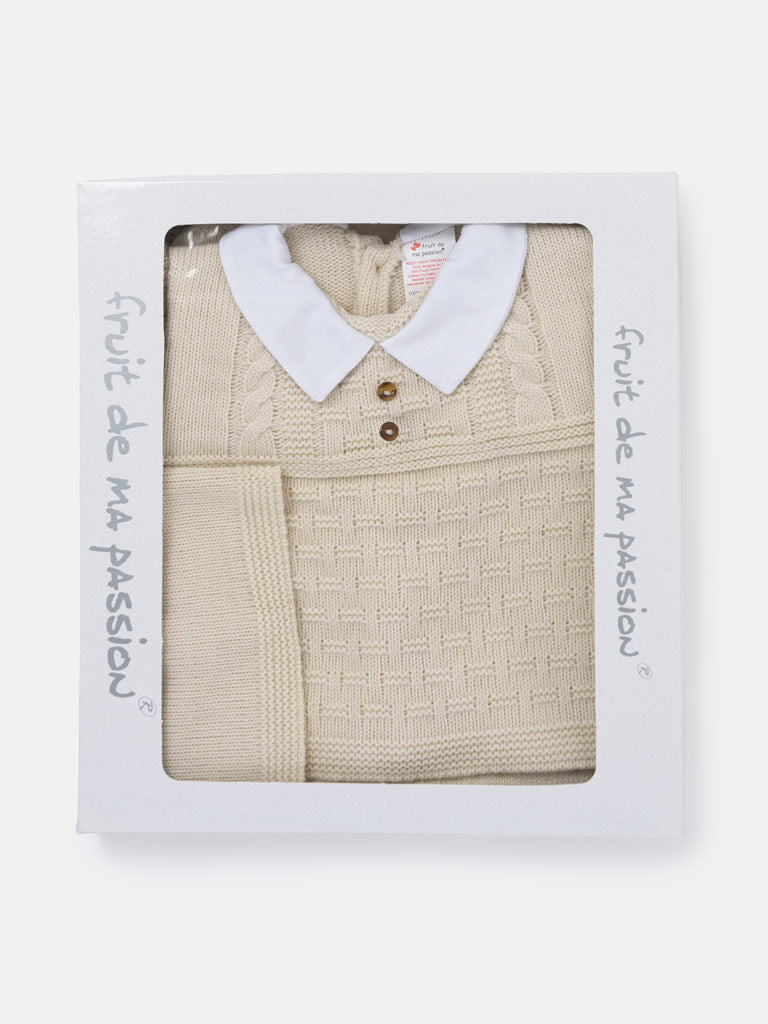 Baby Boy Collared Neck & Button Detail 3-Piece Knitted Gift Box Set - Beige
