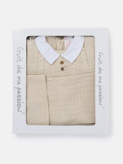 Baby Boy Collared Neck & Button Detail 3-Piece Knitted Gift Box Set - Beige