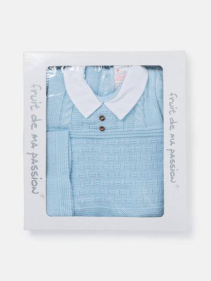 Baby Boy Collared Neck & Button Detail 3-Piece Knitted Gift Box Set - Baby Blue