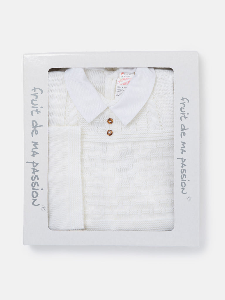 Baby Boy Collared Neck & Button Detail 3-Piece Knitted Gift Box Set - Ivory