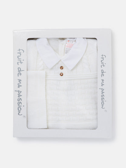 Baby Boy Collared Neck & Button Detail 3-Piece Knitted Gift Box Set - Ivory