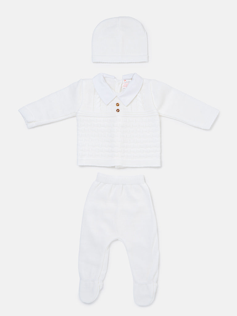 Baby Boy Collared Neck & Button Detail 3-Piece Knitted Gift Box Set - Ivory