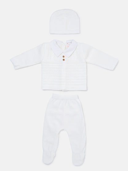Baby Boy Collared Neck & Button Detail 3-Piece Knitted Gift Box Set - Ivory