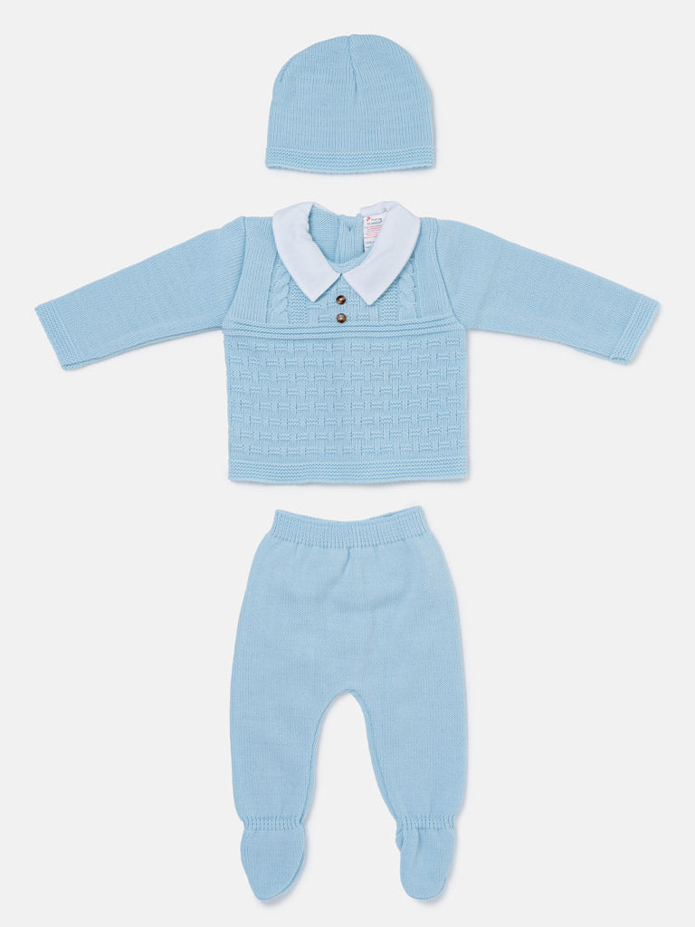 Baby Boy Collared Neck & Button Detail 3-Piece Knitted Gift Box Set - Baby Blue