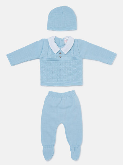 Baby Boy Collared Neck & Button Detail 3-Piece Knitted Gift Box Set - Baby Blue