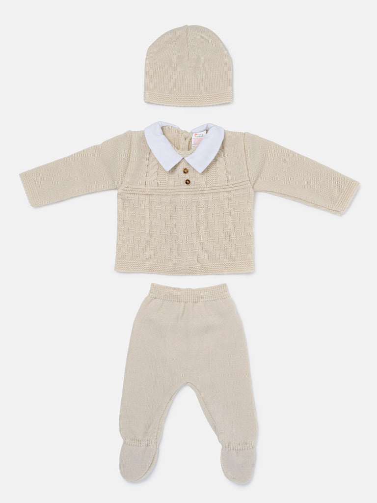Baby Boy Collared Neck & Button Detail 3-Piece Knitted Gift Box Set - Beige