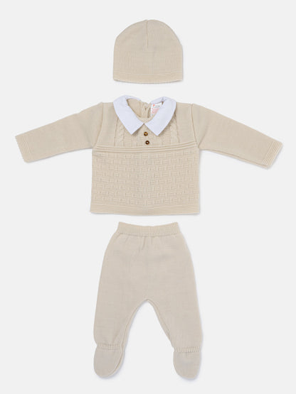 Baby Boy Collared Neck & Button Detail 3-Piece Knitted Gift Box Set - Beige