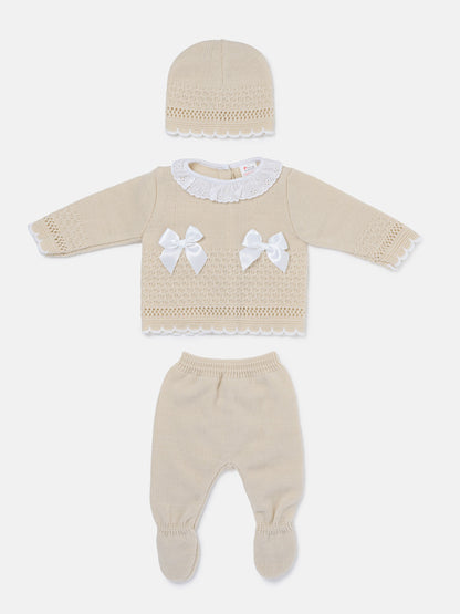 Baby Girl Satin Bows & Scalloped Trim 3-Piece Knitted Gift Box Set - Beige