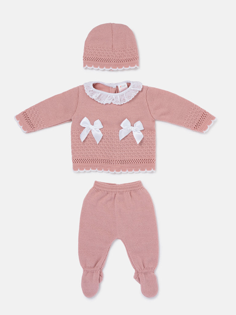 Baby Girl Satin Bows & Scalloped Trim 3-Piece Knitted Gift Box Set - Dusty Pink