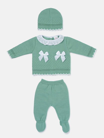 Baby Girl Satin Bows & Scalloped Trim 3-Piece Knitted Gift Box Set - Mint Green