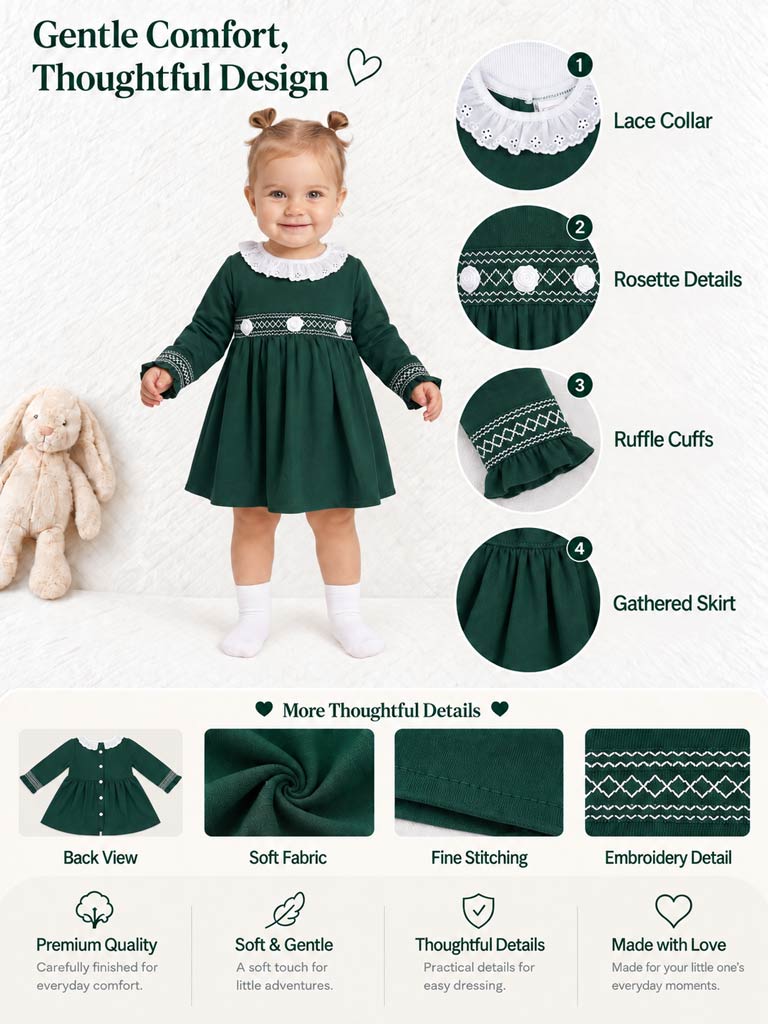 Baby Girl Estela Collection Long Sleeve Smocked Dress - Emerald Green