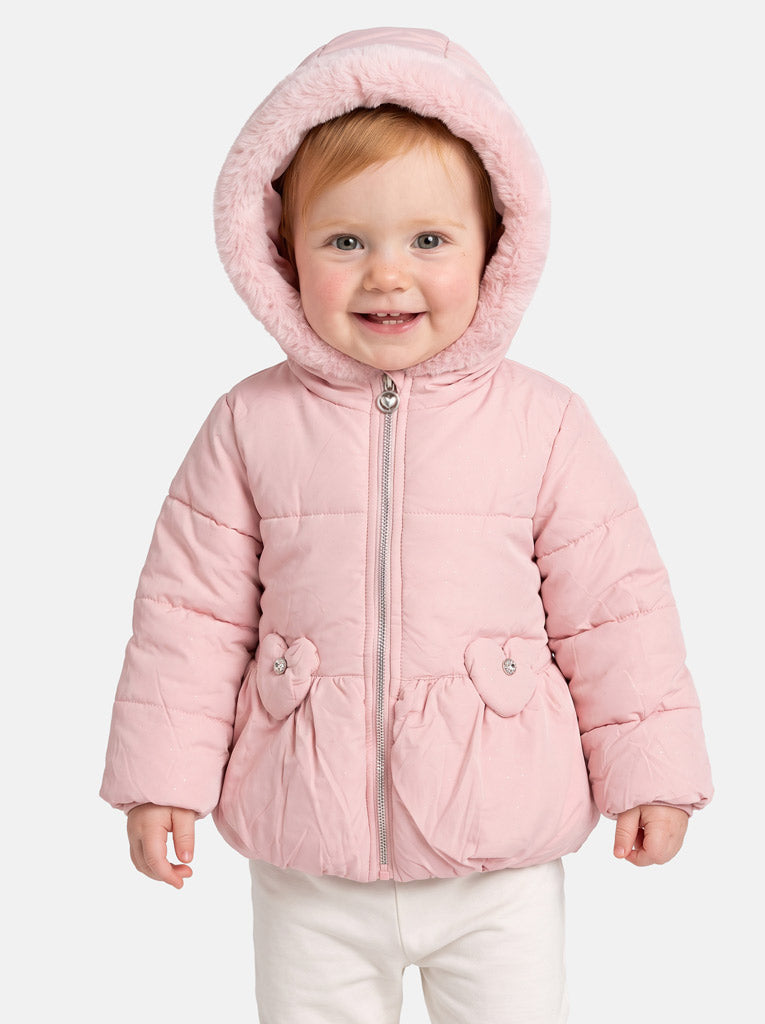 Baby Girl Padded Hooded Coat with Hearts Applique - Baby Pink