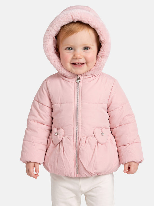 Baby Girl Padded Hooded Coat with Hearts Applique - Baby Pink