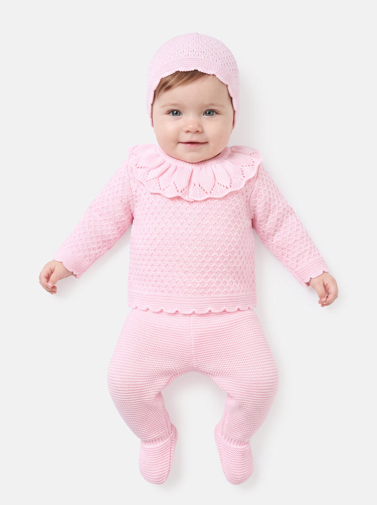 Baby Girl Ruffle Collar Openwork Knitted 3-piece Gift Box Set - Baby Pink