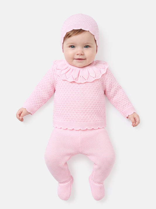 Baby Girl Ruffle Collar Openwork Knitted 3-piece Gift Box Set - Baby Pink