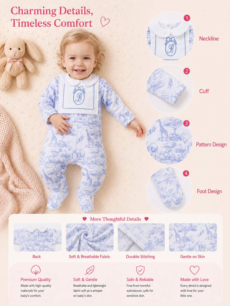 Baby Grow with Embroidered Letter "B" - Safari Collection - Baby Blue