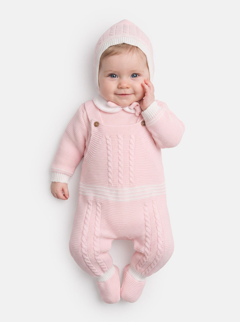 Baby Girl 3-piece Top, Dungaree & Bonnet Cable Knitted Set - Pink