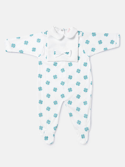 Baby Grow Lucky Clover Collection with Peter Pan Collar & Bow - Limited Edition - White & Green