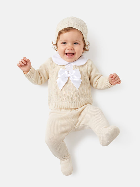 Baby Girl Lace Trim Front Bow Knitted 3-piece Gift Box Set - Beige