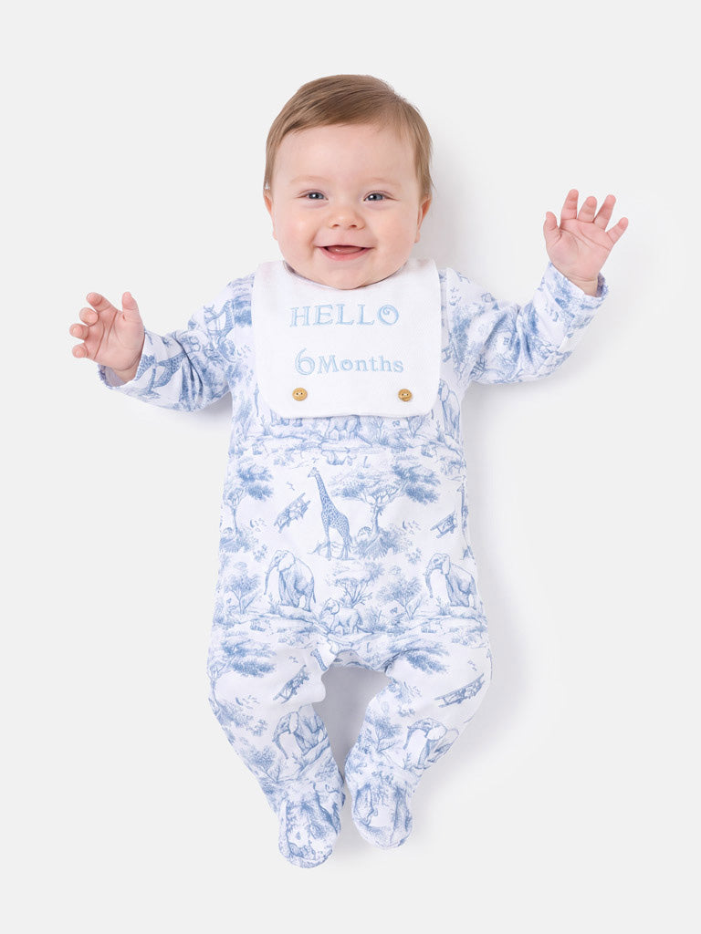 "Hello 1,3,6,12 Months" Embroidered Baby Grow with Attached Small Bib - Safari Collection - Baby Blue