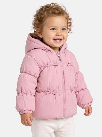 Baby Girl Padded Hooded Coat with 4 Little Bows - Light Dusty Pink