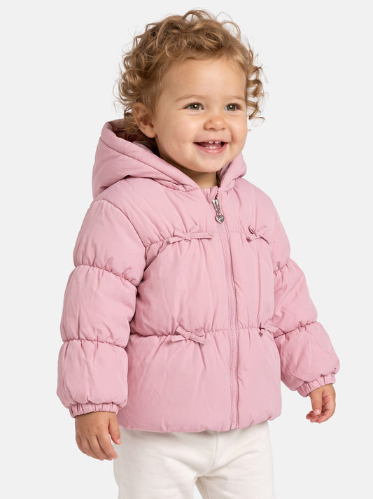 Baby Girl Padded Hooded Coat with 4 Little Bows - Light Dusty Pink