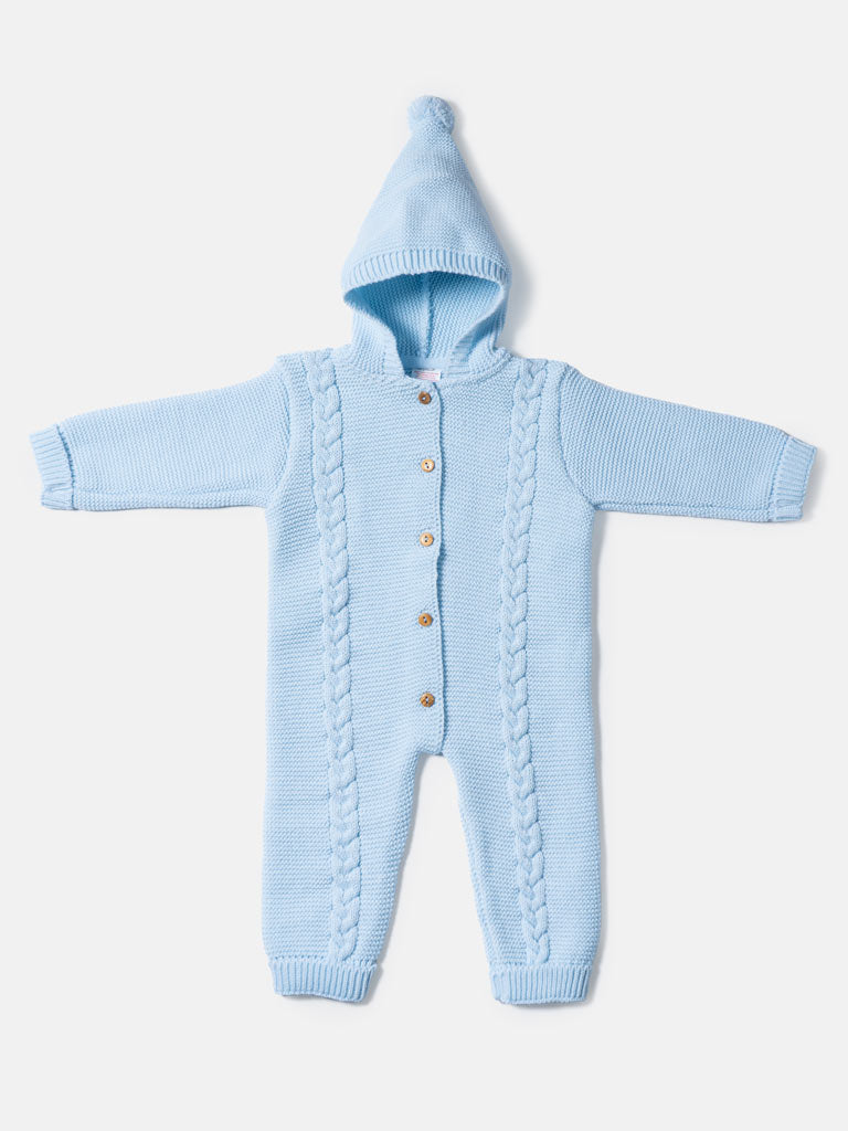 Baby Sol Collection Knitted Hooded Pramsuit - Baby Blue
