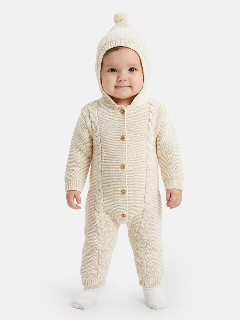 Baby Sol Collection Knitted Hooded Pramsuit - Beige