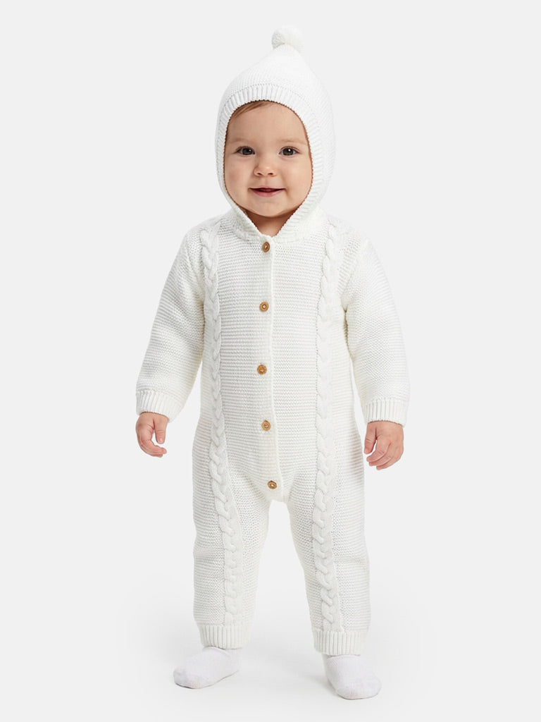 Baby Sol Collection Knitted Hooded Pramsuit - Ivory