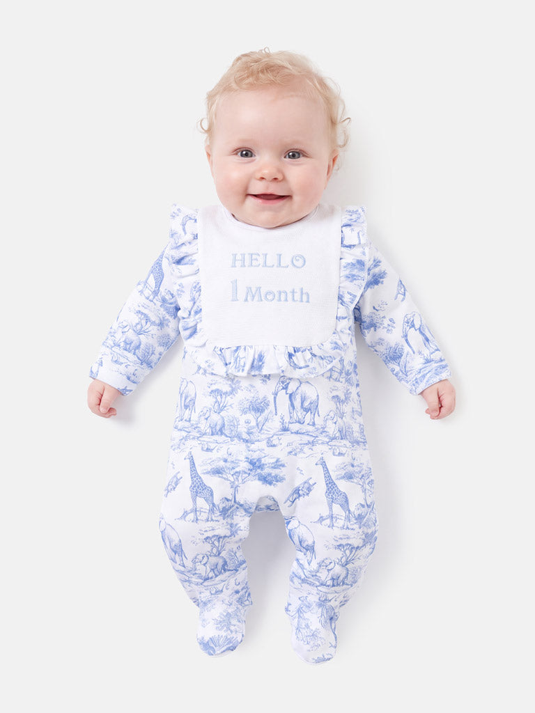 "Hello 1,3,6,12 Months" Embroidered Baby Grow with Frilled Bib - Safari Collection - Baby Blue