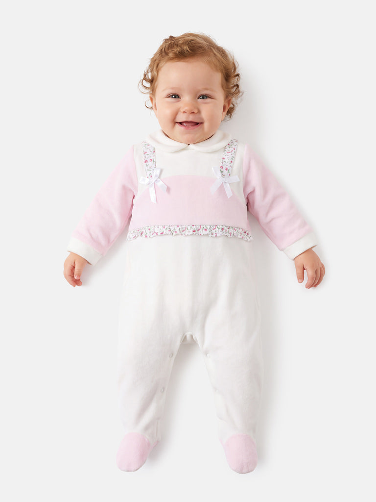 Velour Baby Grow for Girls with Floral Trims Nicoletta Collection - Ivory