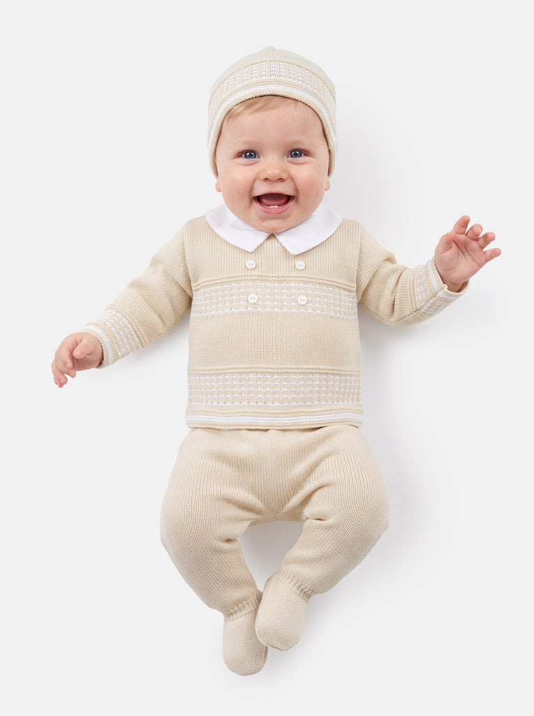 Baby Boy Classic Double-Button Knitted 3-piece Gift Box Set - Beige