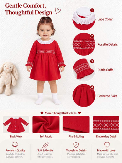 Baby Girl Estela Collection Long Sleeve Smocked Dress - Red
