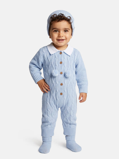 Baby Boy Gabriel Collection All-In-One Knitted 3-Piece Set with Pom-Poms - Baby Blue