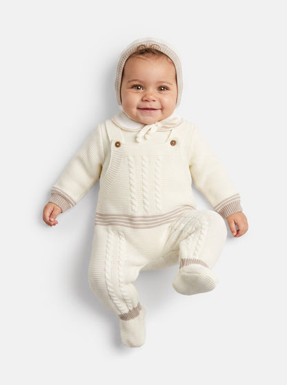 Baby Unisex 3-piece Top, Dungaree & Bonnet Cable Knitted Set - Ivory & Beige