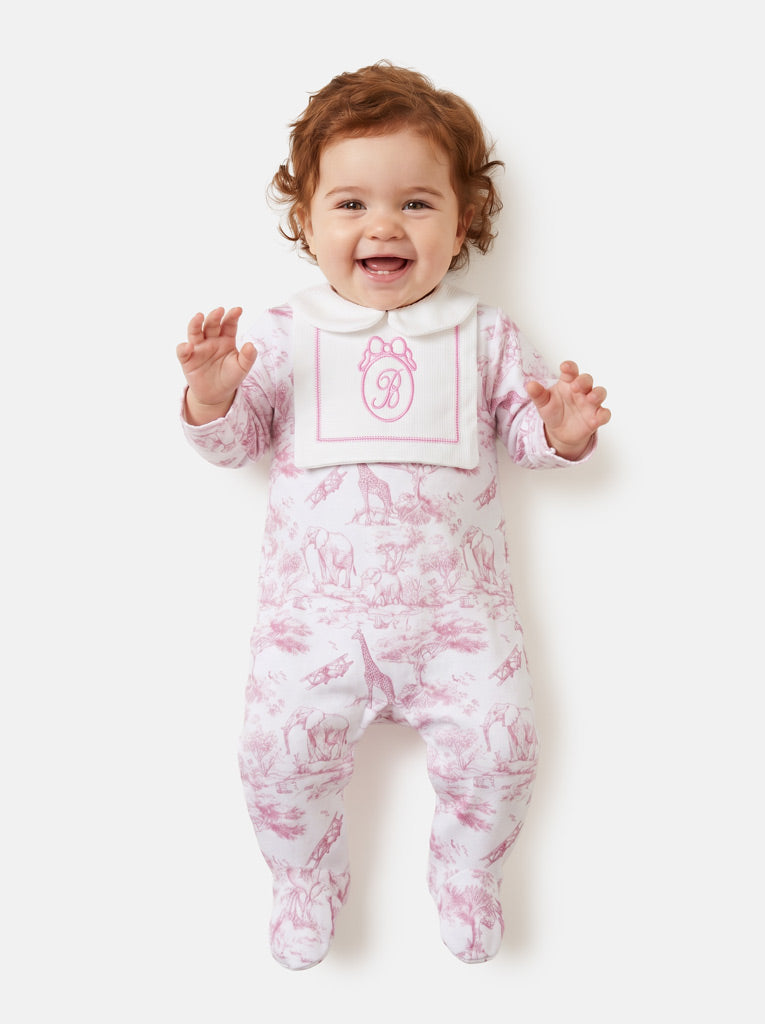 Baby Grow with Embroidered Letter "B" - Safari Collection - Baby Pink