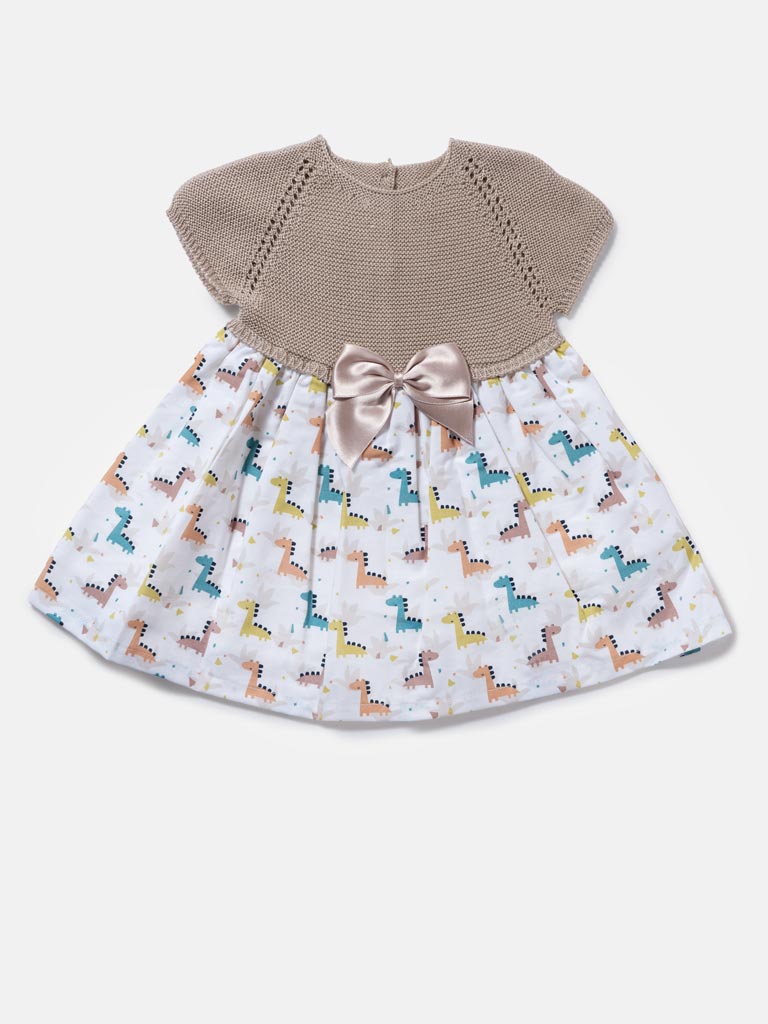 Baby Girl Nova Collection Half Knitted Spanish Dress - Beige & Dino