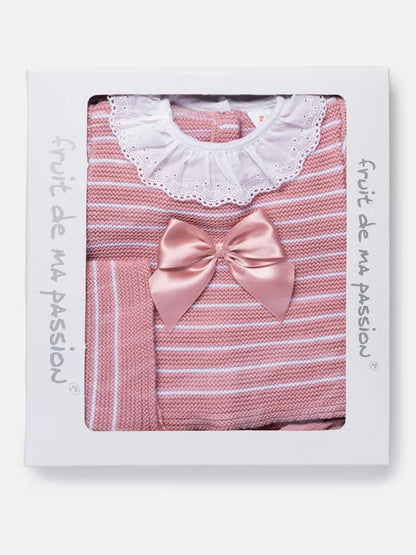 Baby Girl Striped Top 3-Piece Knitted Gift Box Set - Dusty Pink