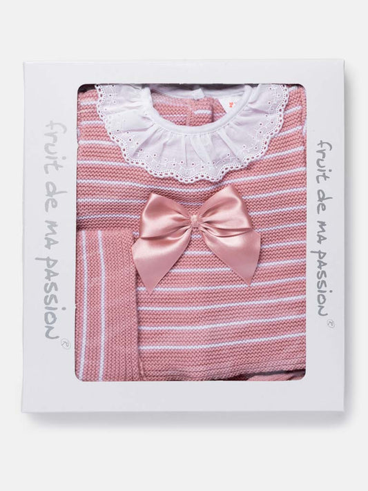 Baby Girl Striped Top 3-Piece Knitted Gift Box Set - Dusty Pink